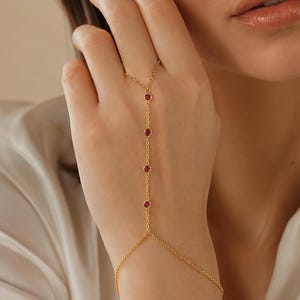 Ruby Zircon Hand Chain Bracelet, Gold Finger Jewelry, Minimalist Bridal Accessory