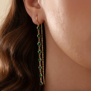 May include: Gold-toned threader earrings with a series of round, emerald-green gemstones. The earrings feature a delicate chain design, with the gemstones evenly spaced along the length. The earrings are shown against a blurred background.