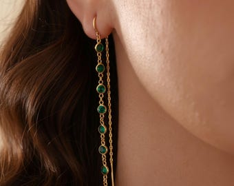 Emerald Green Threader Earrings Gold | Extra Long Drop Dangle Sterling Silver Station Hoop May Birthstone Wedding Gift for Women Jewelry