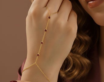 Gold Birthstone Hand Chain Bracelet, Sterling Silver Finger Ring, Dainty Jewelry