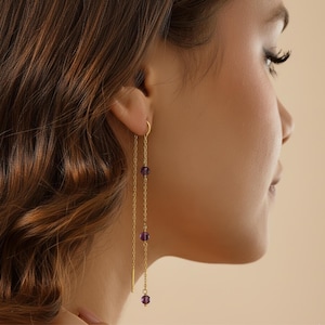 Amethyst Threader Earrings, Sterling Silver, Gold Plated, February Birthstone