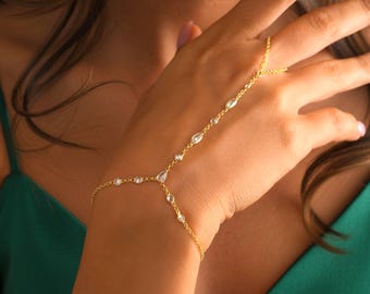 Dainty Gold Hand Chain Bracelet, Zircon Sahmeran Finger Bracelet, Gold Plated Sterling Silver Hand Jewelry, Bridal Minimal Jewelry