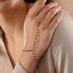 Ruby Red Hand Chain Bracelet Gold | Sterling Silver Adjustable Finger Ring Slave Body Jewelry July Birthstone Valentine Gift for Women Love