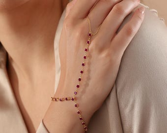 Ruby Red Hand Chain Bracelet Gold | Sterling Silver Adjustable Finger Ring Slave Body Jewelry July Birthstone Valentine Gift for Women Love