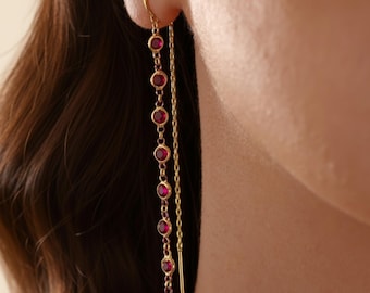 Ruby Red Threader Earrings Gold | Extra Long Drop Dangle Sterling Silver Station Hoop July Birthstone Valentine Gift for Women Jewelry Love