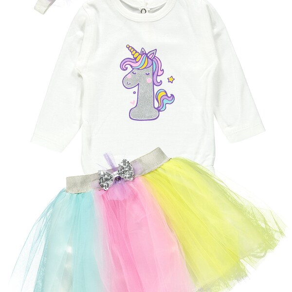 1 Year Old Baby Girl Birthday Tutu Dress 100% Cotton  Headband Unicorn Party Colorful Rainbow