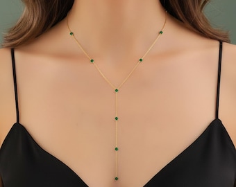 Emerald Green Lariat Necklace Gold Y Drop, Sterling Silver Adjustable Layering Station Birthstone May Gift for Women Delicate Dainty Chain