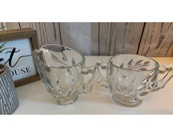 Indiana Glass Cream & Sugar Set Willow Clear Heavy Glass