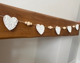 White Floral Clay Heart Beaded Garland