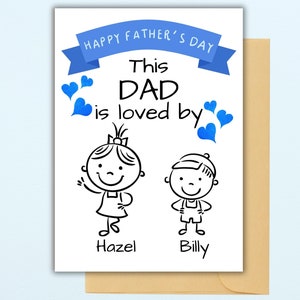 Tarjeta personalizada imprimible para el Día del Padre, tarjeta única con nombres y personajes de niños, tarjeta de felicitación de recuerdo.
