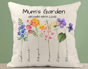 Birthflower Cushion Personalised With Children's Names, Birth Month Pillow, Birthday Present For Mum From Children, Mother's Day Gift Mummy