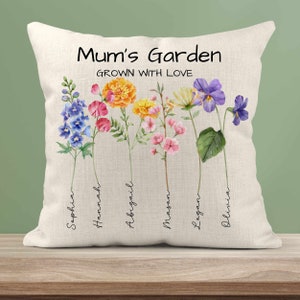 Birthflower Cushion Personalised With Children's Names, Birth Month Pillow, Birthday Present For Mum From Children, Mother's Day Gift Mummy