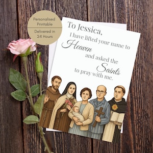 Carte de voeux personnalisée pour la prière catholique, Saints d'intercession en prière, carte Penser à vous imprimable, carte d'encouragement fondée sur la foi