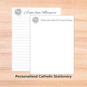 Papelería católica impresa A5, papel de escritura con cruz mariana y rosas, con y sin líneas, ideal como regalo para cartas religiosas de devoción mariana.