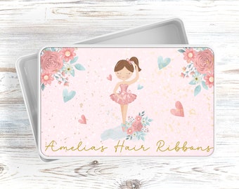 Personalised Ballerina Hair Accessory Tin, Hair Ribbons Bows and Clips Storage Container, Girl's Birthday Gift, Pretty Hair Jewellery Box