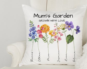 Birthflower Cushion Personalised With Children's Names, Birth Month Pillow For Mum, Present For Nanna From Grandchildren, Mother's Day Gift