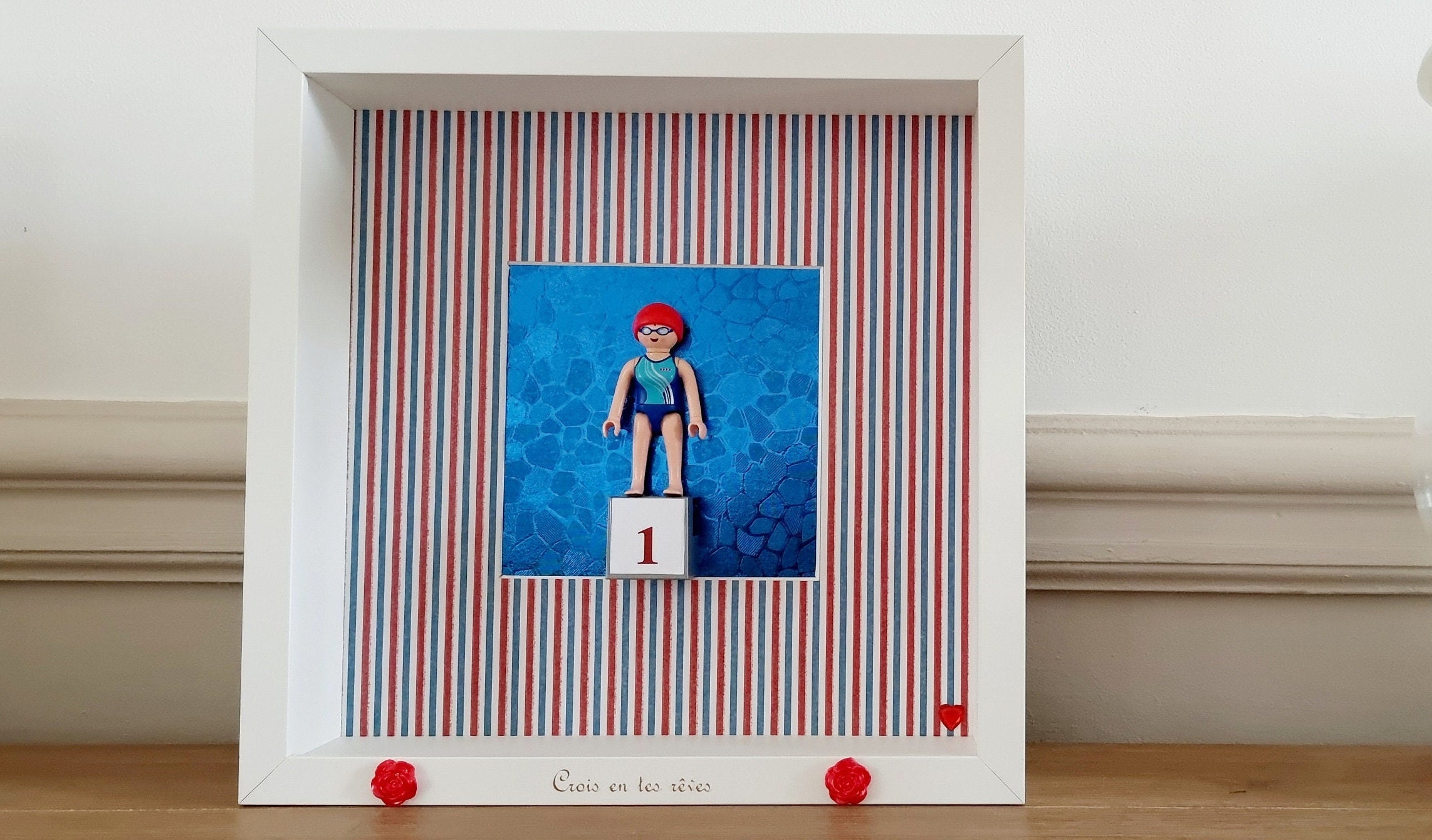 Cadre Playmobil Gravé et Personnalisable Médaille d'or Aux Jo Délivrant Un Message Positif Bienveill