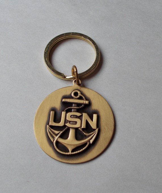 Brass Keyring, Key Fob, Navy Design Key Holder- Medium Round