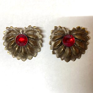 Antique Brass Floral Post Earrings, Ruby Red Glass Accent