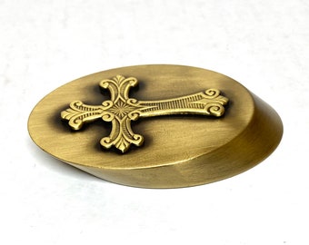 Solid Brass Paperweight with a Fancy Cross design- Cross design paperweight, desk accessory