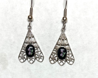Handmade Enamel Flower Dangle Earrings, Rhodium Plate Filigree