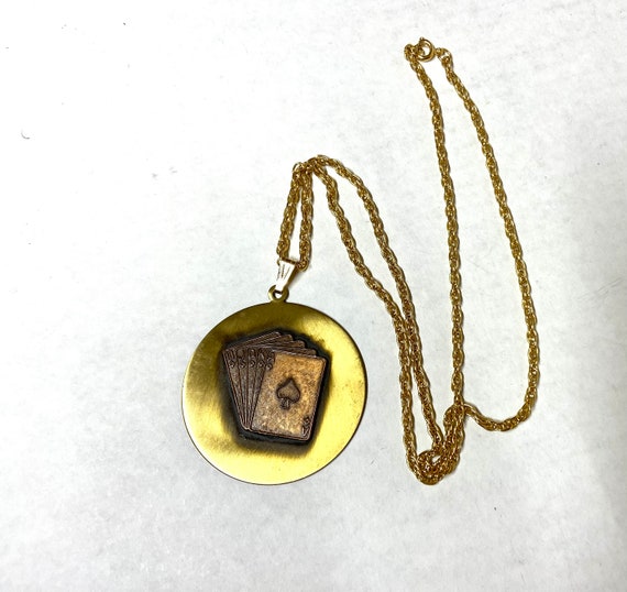 Handmade Brass Necklace, Large Round Pendant With a Royal Flush