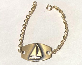 Pretty Sailboat design Bracelet, Brass Link with  Gold Plate chain Bracelet- 7 1/2" long