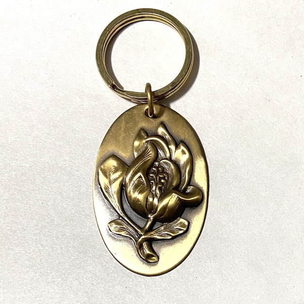 Flower Design Brass Keyring, Key fob, Key holder- medium Oval keyring-Inga