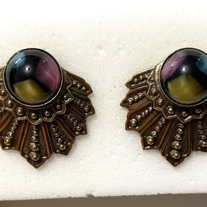 Large Multicolor Glass Accent brass earring, Victorian look Post Earring, Antique finish Brass