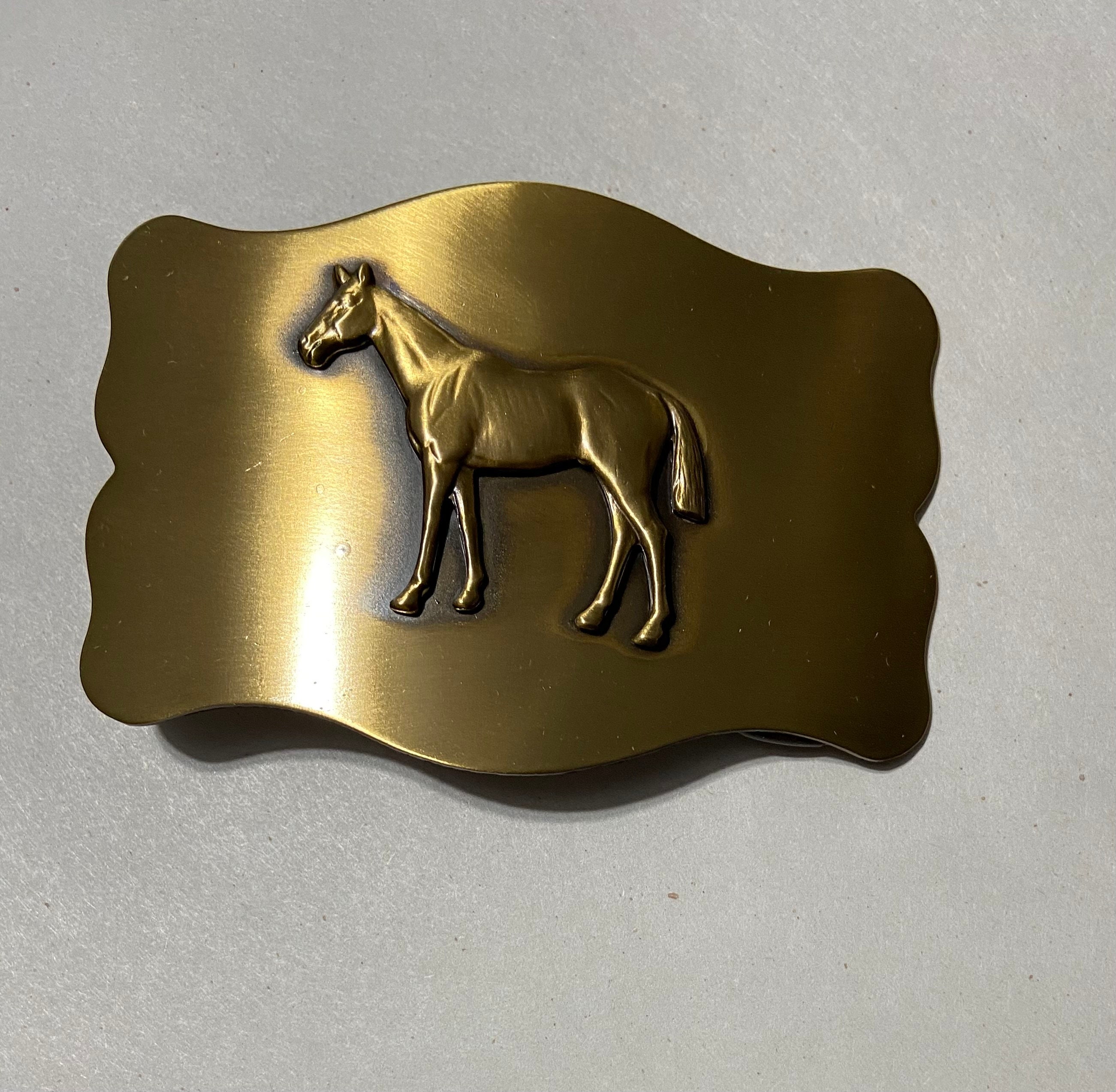 Solid Brass Belt Buckle, Standing Horse Design, Antique 