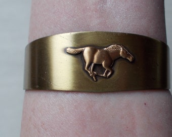 Cuff Bracelet, Solid Brass cuff, Mustang Horse design bracelet, running horse bracelet