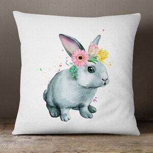 SALE, Easter Pillow Cover, Spring Pillow, Happy Easter, Rabbit Pillow Cover, Bunny Pillow Cover, Spring Flowers, 18x18