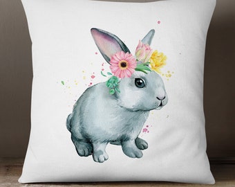 Gray Easter Bunny Pillow Cover with Spring Flowers (18x18)