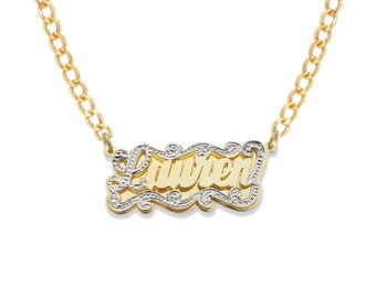 Script Gold Double Nameplate with Design on Top Necklace