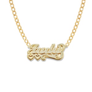 Two Hearts Design 10K and 14K Gold Double Nameplate Necklace With Chain