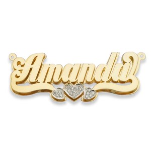 Script Hearts Gold Nameplate Necklace with Diamonds/CZ Stone