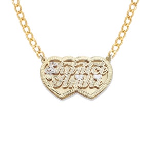 Hearts Gold Two Names Script Diamond Cut Double Nameplate Necklace