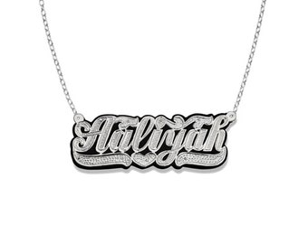 Large Black Onyx Script .925 Sterling Silver Nameplate Necklace