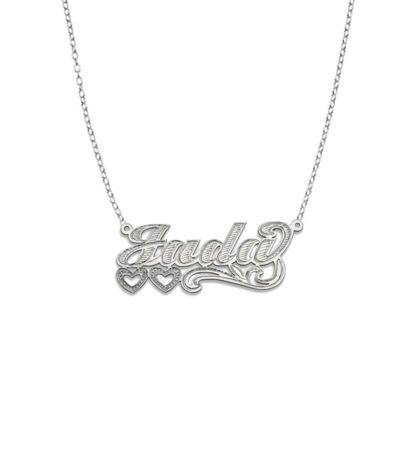 Two Hearts Script .925 Sterling Silver Nameplate Necklace