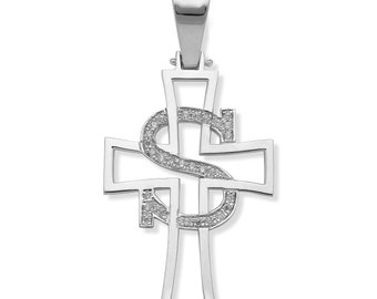 Cross with Initial .925 Sterling Silver Pendant with CZ Stone