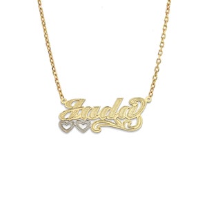 Two Hearts Script Gold Nameplate Necklace