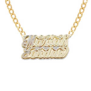 Gold Two Names Script Diamond Cut Double Nameplate Necklace
