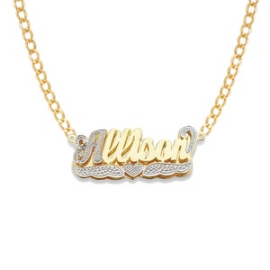 Script 10K or 14K Gold Double Nameplate Diamond Cut Necklace With Chain