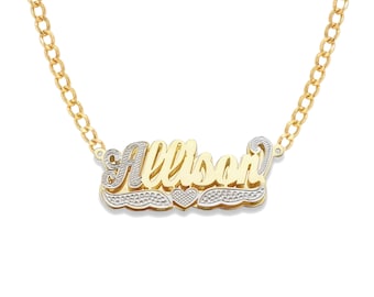 Script 10K or 14K Gold Double Nameplate Diamond Cut Necklace With Chain