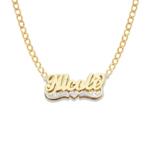 Heart Script 10K and 14K Gold Double Nameplate Necklace With Chain