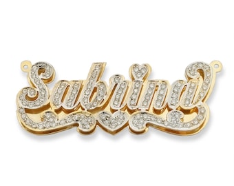 Script Heart Gold Double Nameplate Necklace with Diamonds/CZ Stone