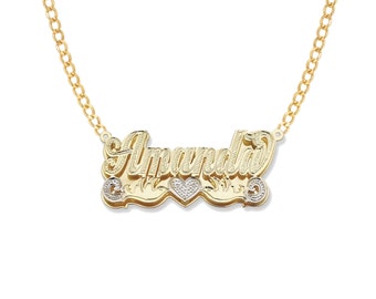 14K or 10K Solid  Gold Double Plated Name Plate, 3D name pendant , Pop-up name style with heart [PENDANT ONLY]