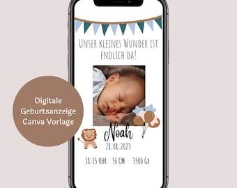 Geburt Junge verkünden, digitale Geburtsanzeige, Baby Ankündigung, E-Card, Personalisiertere Geburtsankündigung, Geburtsbekanntgabe