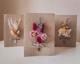 Grußkarte mit Trockenblumen, Personalisierte Kraftpapierkarte zum Geburtstag, Danke, Jahrestag, Muttertag, Hochzeit, Valentinstag, Hebamme