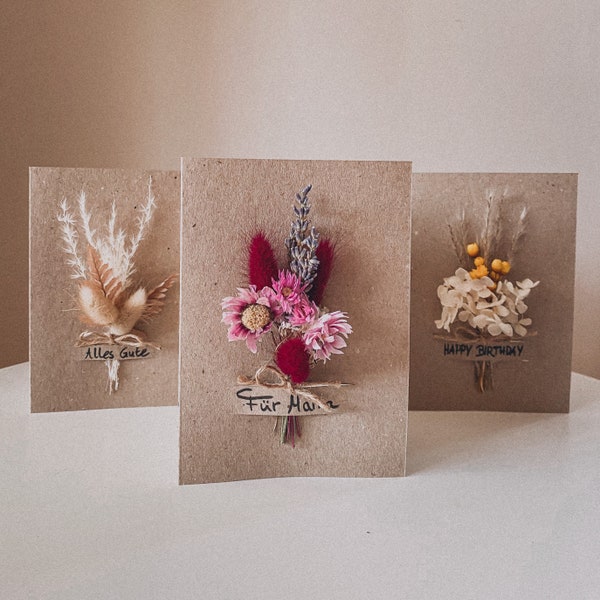 Greeting card with dried flowers, personalized kraft paper card for birthday, thank you, anniversary, Mother's Day, wedding, Valentine's Day, midwife